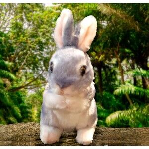 Gray & White Realistic Life-Like Fur BUNNY Rabbit EASTER Plush Stuffed 22 cm